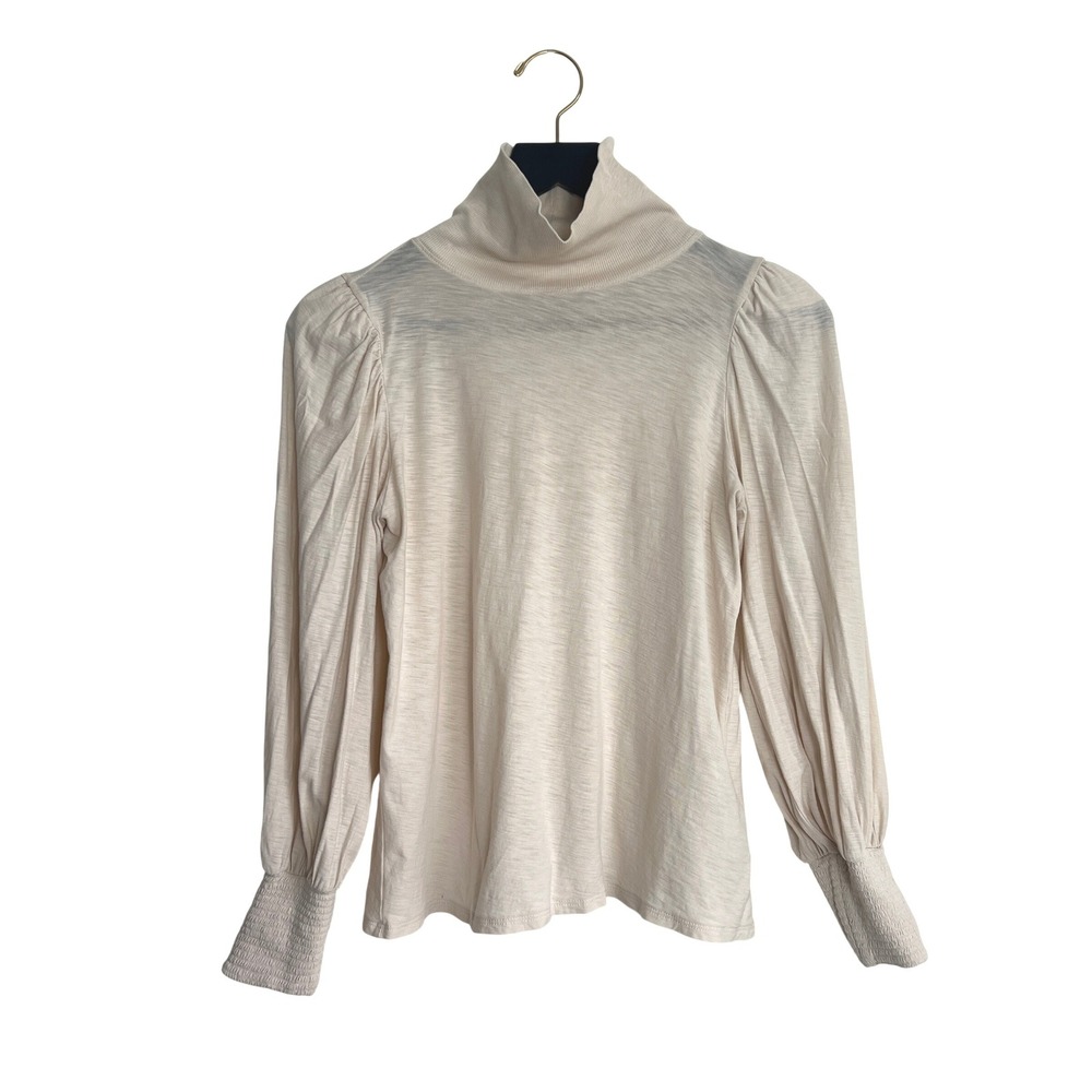 Nation LTD Puff Sleeve Ribbed‎ Turtleneck Smocked Cuff Pullover Top Ivory Cream
